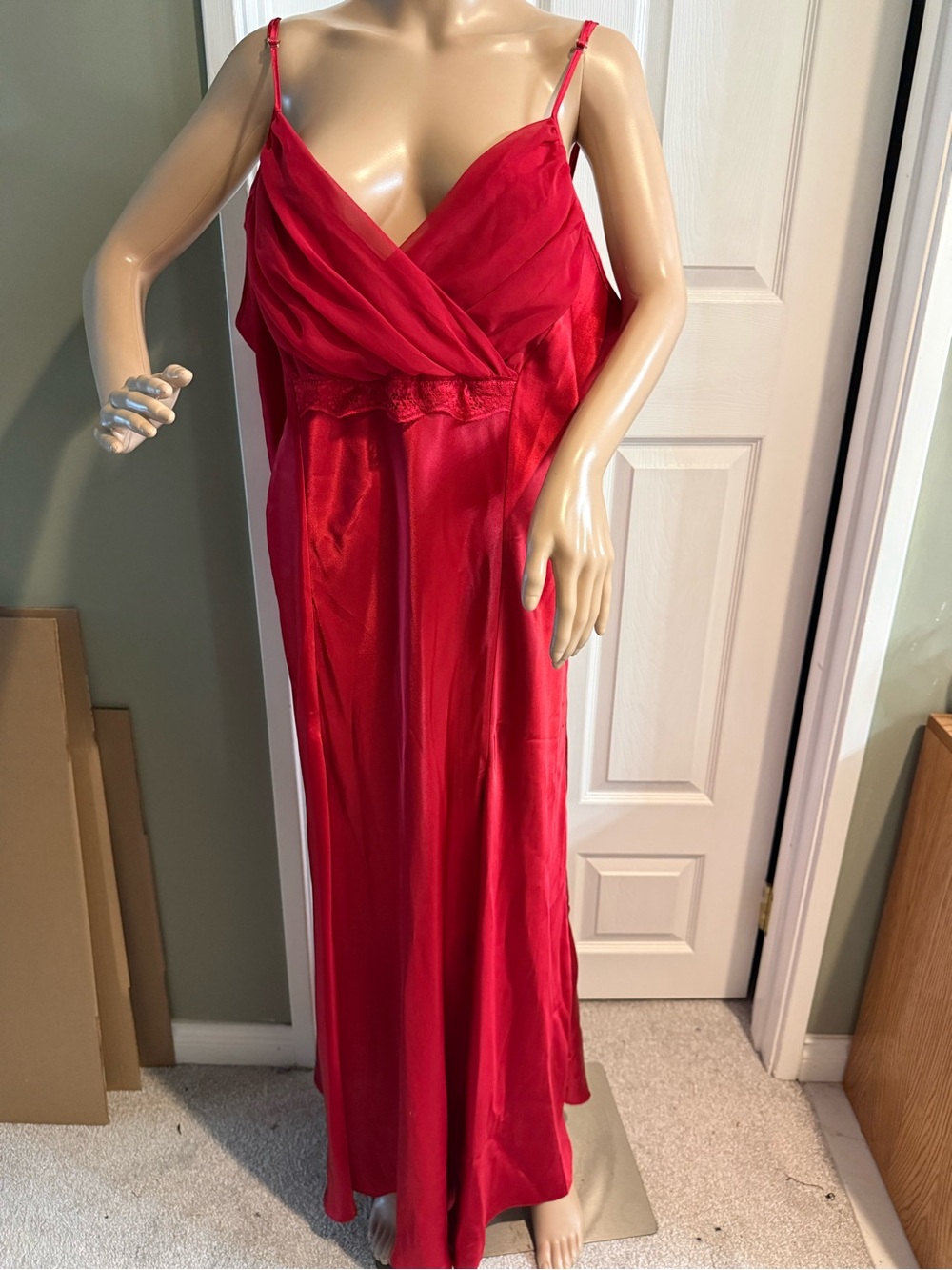 Solange Red Satin Nightgown Slip Dress Lace Trim V-Neck Plus Size 26 28